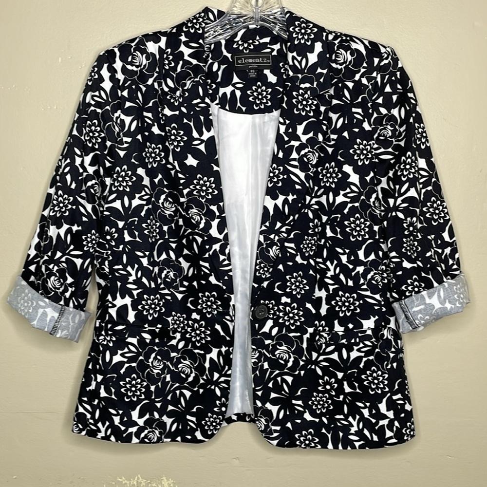 ELEMENTZ  Blazer Black & White Floral Cotton Blend Single Breasted Petite SP